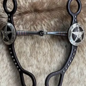 Western Snaffle Style Bit 5” Mouth Star Design Engraved Silver Conchos