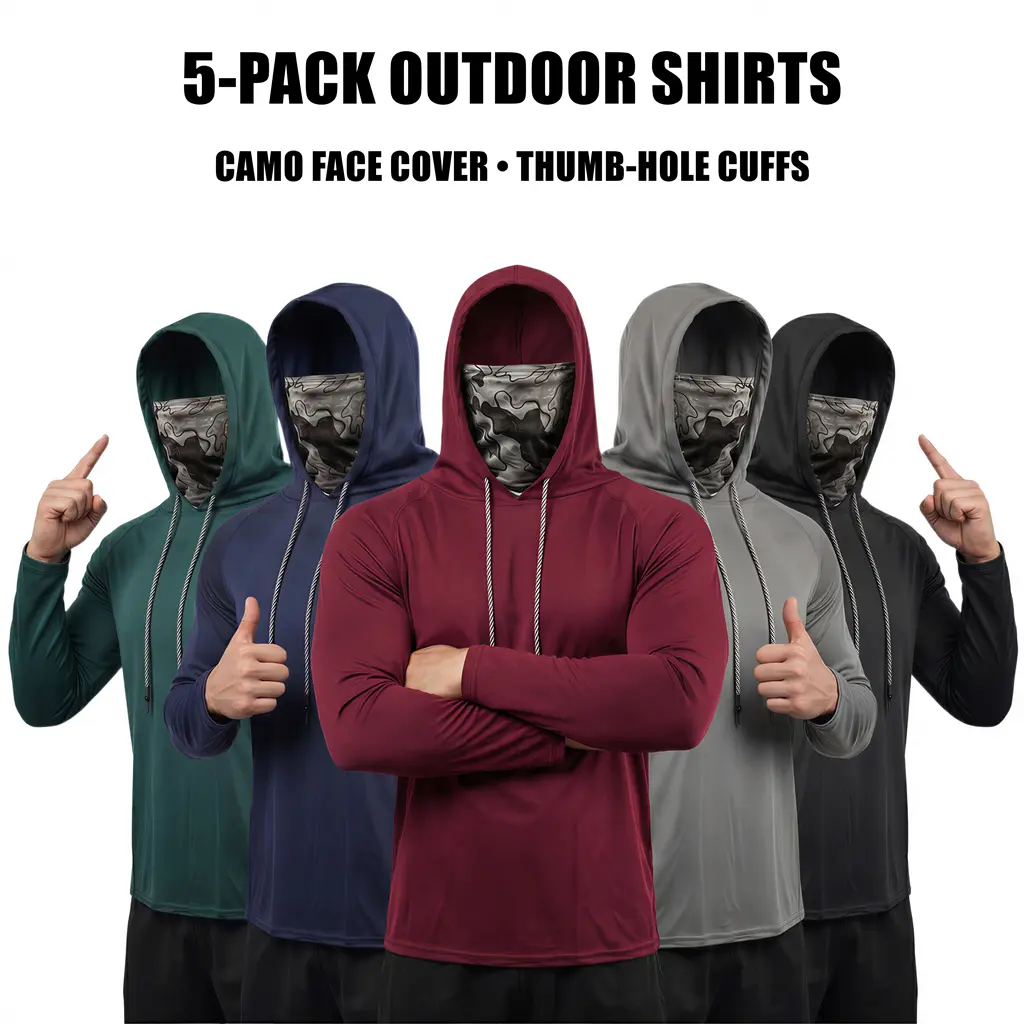 3/5/6-Pack Sun Shirts with Face Cover Mens Work Hoodie