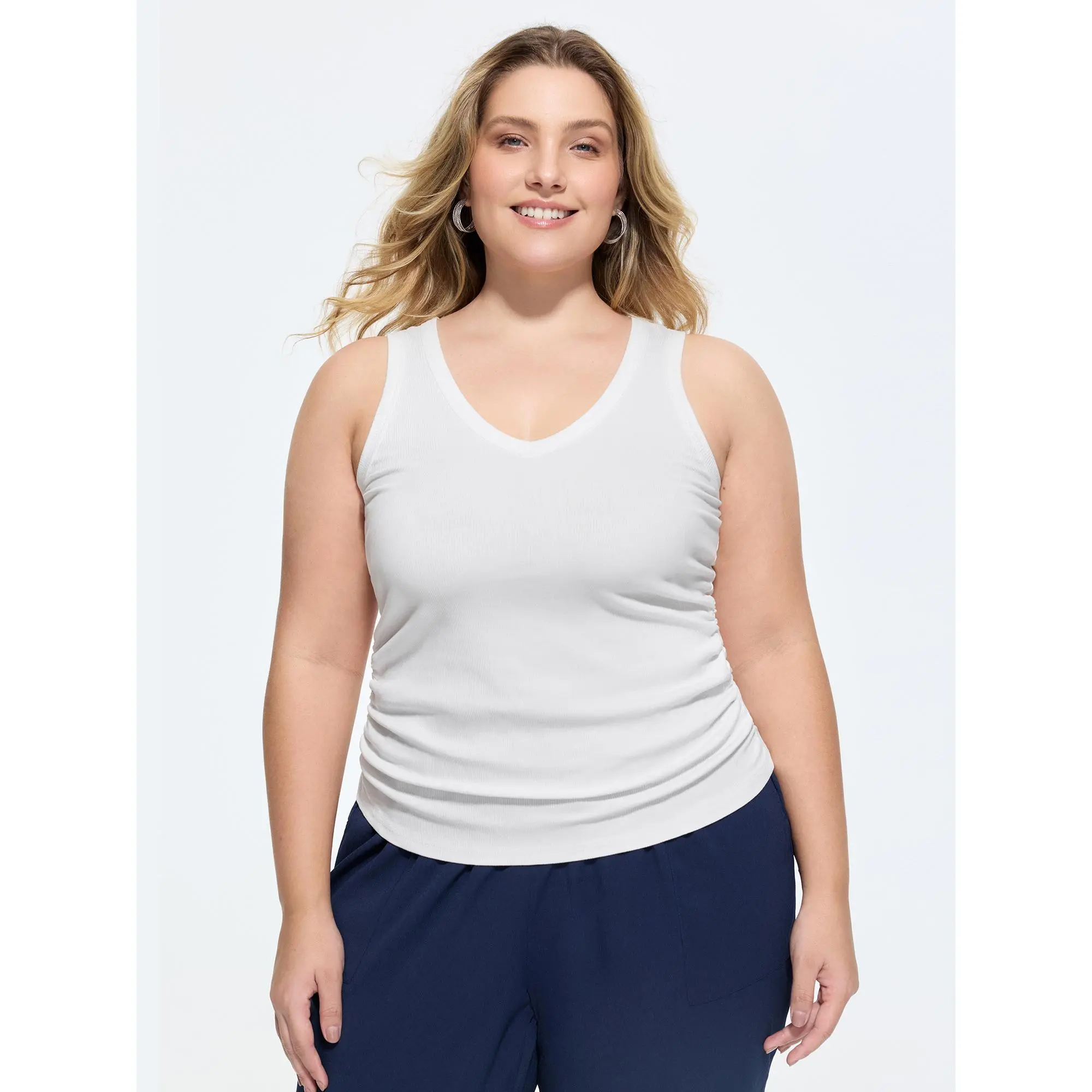 BloomChic Plus Size Tank Top for Women, Supersoft Stretchy Rayon Spandex, Casual Solid Smoke with Ruched Sides, Regular Fit, Garment, Fabric