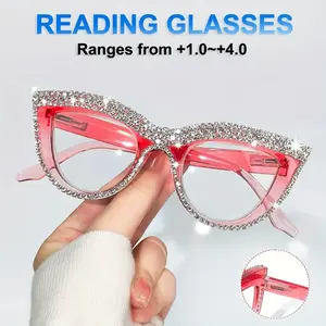 Elegant Pink Cat Eye Rhinestone Reading Glasses +1.0 to +4.0 Strength Durable PC Frame Stylish Glitter Fashion Eyewear for Women Men with Protective Case Trending Daily Use Unisex Blue Light Blocking Screens Christmas Party and Masks Set Square Blue Light
