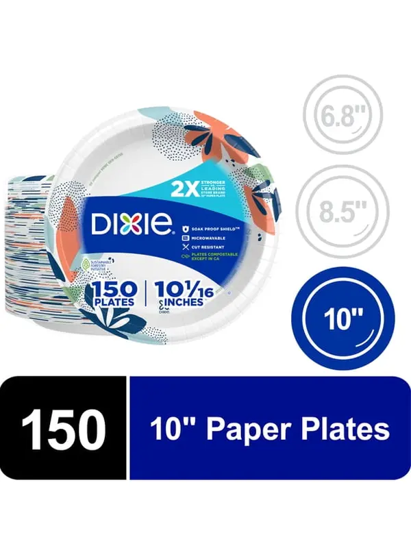 10 Inch Disposable Paper Plates, 150 Count, Heavy Duty Large Paper Plates, Microwave Safe, Cut Resistant, Leak Resistant Plates for Parties, Picnics & Everyday Meals