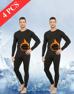 Men's 4-Piece Fleece Thermal Underwear Set - Crew Neck Long Sleeve Base Layer for Fall & Winter | Home Sleepwear & Outdoor Cold Weather Gear for Skiing & Hunting