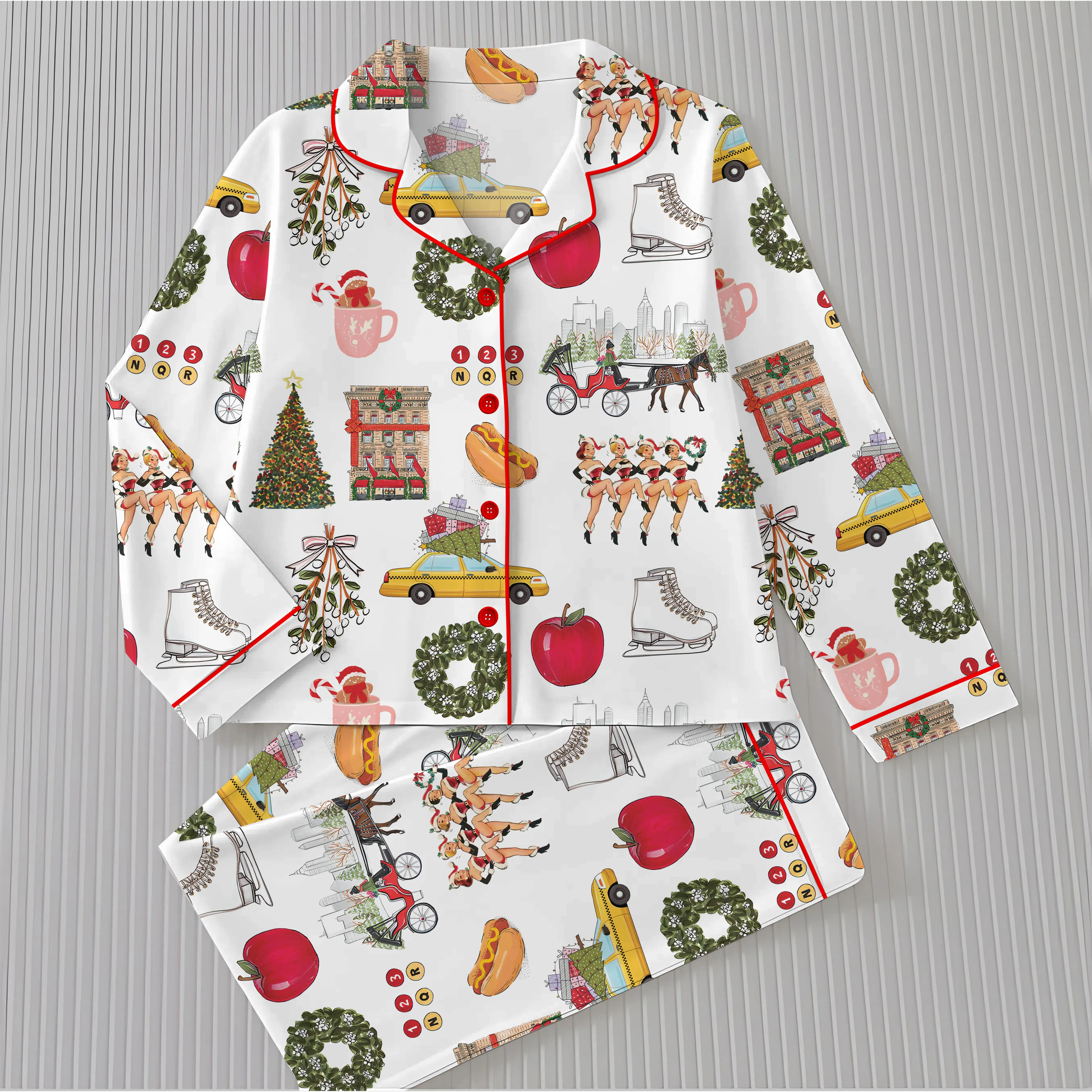 Christmas In New York Pajama Set Short, Sleeve Satin Sleepwear, Gifts Nightwear, Pajama Satin In New York Nightwear Set for Her Pajama Nighwear Set