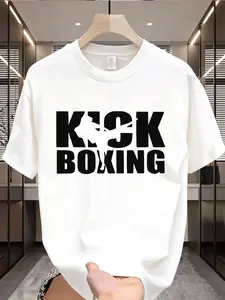 Men's Kickboxing Training T-Shirt with Bold KICK BOXING Lettering & Martial Arts Silhouette - Moisture-Wicking Breathable Short Sleeve Tee for Gym, Boxing, MMA, Casual Wear - All-Season Athletic Shirt for Men &