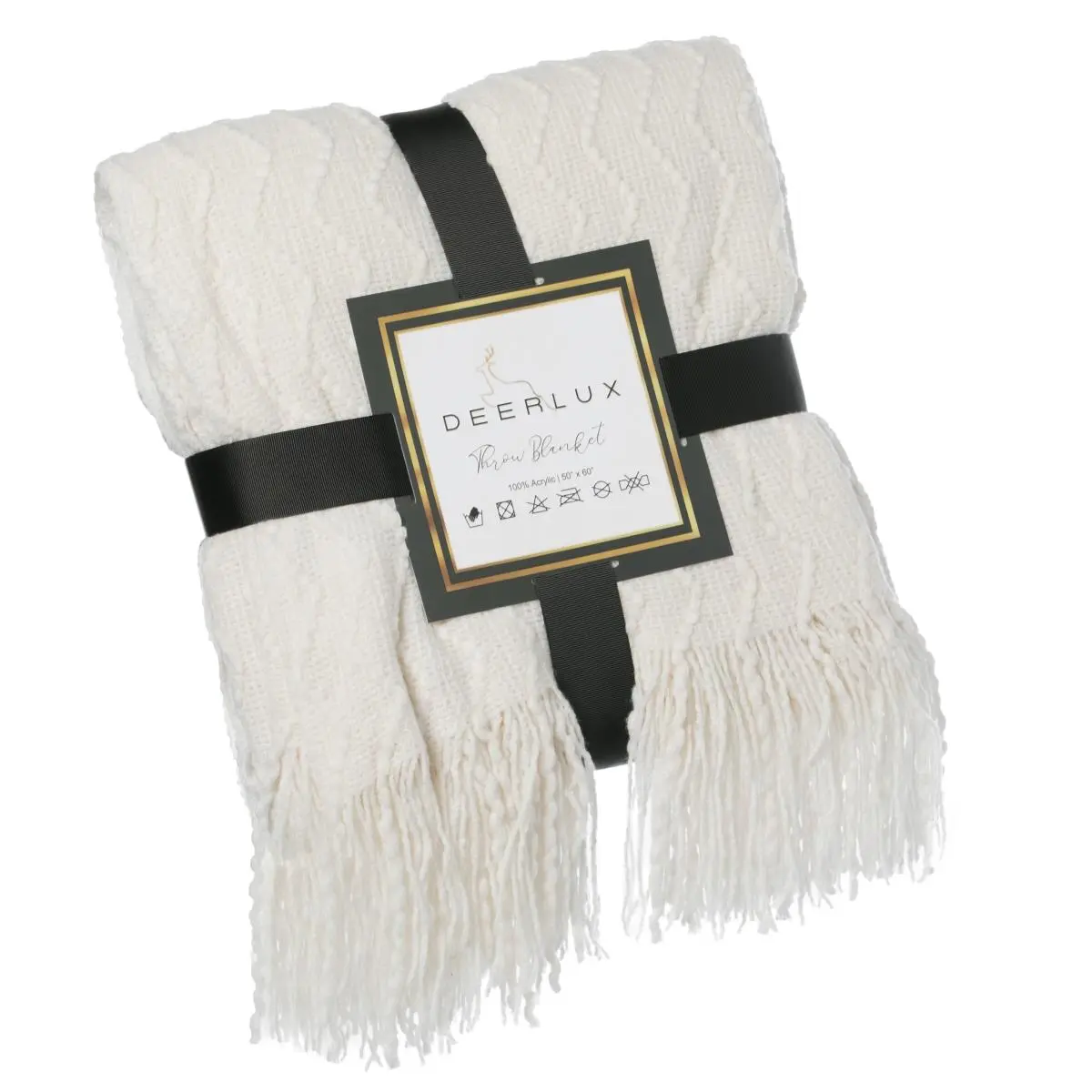 Deerlux Classic Knit Textured Throw Blanket - 60" l x 50" w, All Seasons, Chevron Pattern, Fringe Pattern Throws, Fade Resistant, Cozy Style, White, Ideal for Decorative Gift Presentation