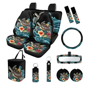 Car Seat Cover Full Set | Turtle Steering Wheel Cover for Women | Garbage Bag Keychain Coaster Mirror Cover | Durable Non Slip Stretch Auto Accessories
