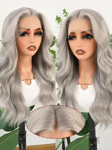 Grey Body Wave Lace Front Wig, 22 Inch Synthetic Hair, Medium Length Wavy, Transparent HD, No Glue, Natural Look, Halloween Cosplay Party, HD Transparent Wigs, Glueless Wigs, Natural Hairline Wig