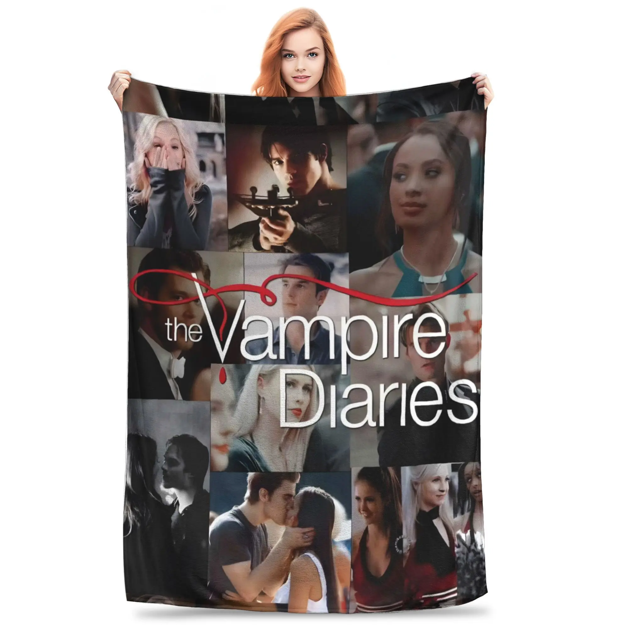 Vintage Tufted Weave The Vampire Diaries Official 100% Polyester Soft Plush Blanket - Iconic Cast/Character Scenes: Damon&Elena, Stefan&Caroline, Matt Donovan - Sofa/Bed Accessory - TV Show Gift for TVD Fans