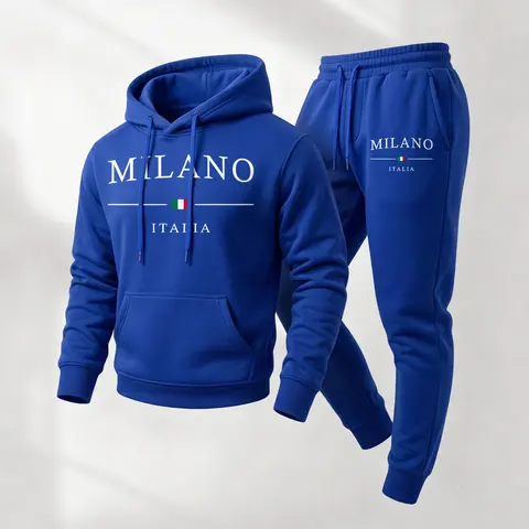 MILANO Men's Letter Printed Hoodie & Drawstring Sweatpants Set Casual Athletic Long Sleeve Hooded Jacket & Trousers for Fall Winter Daily Wear Sportswear Indoor Outdoor Tracksuit Athleisure 100% Polyester Loose Fit Soft Breathable