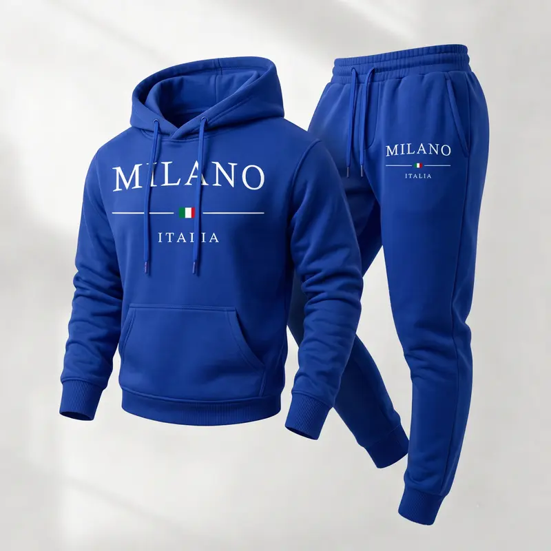 MILANO Men's Letter Printed Hoodie & Drawstring Sweatpants Set Casual Athletic Long Sleeve Hooded Jacket & Trousers for Fall Winter Daily Wear Sportswear Indoor Outdoor Tracksuit Athleisure 100% Polyester Loose Fit Soft Breathable