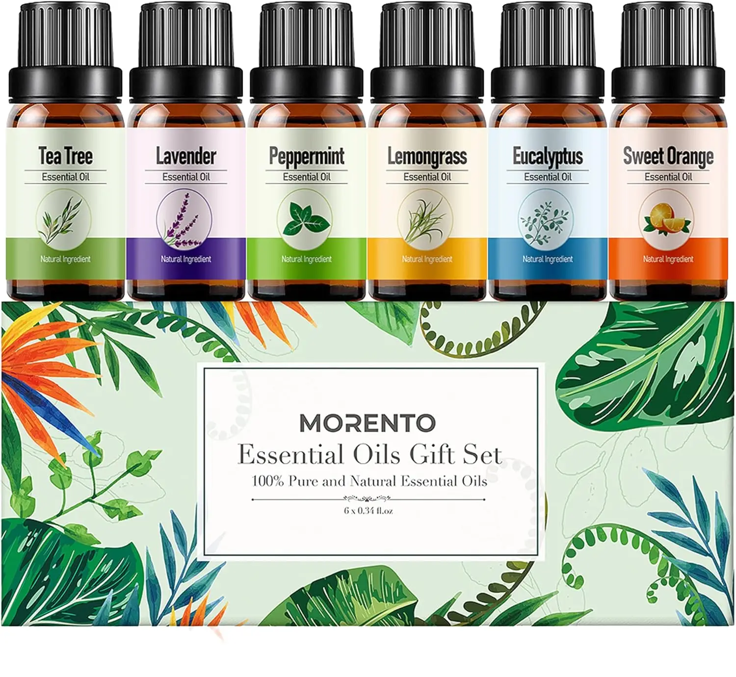 Essential Oil Set, MORENTO Top 6 Aromatherapy Oils Gift Set, Tea Tree, Lavender, Lemon Grass, Orange, Peppermint, Eucalyptus, Perfect for Diffusers an