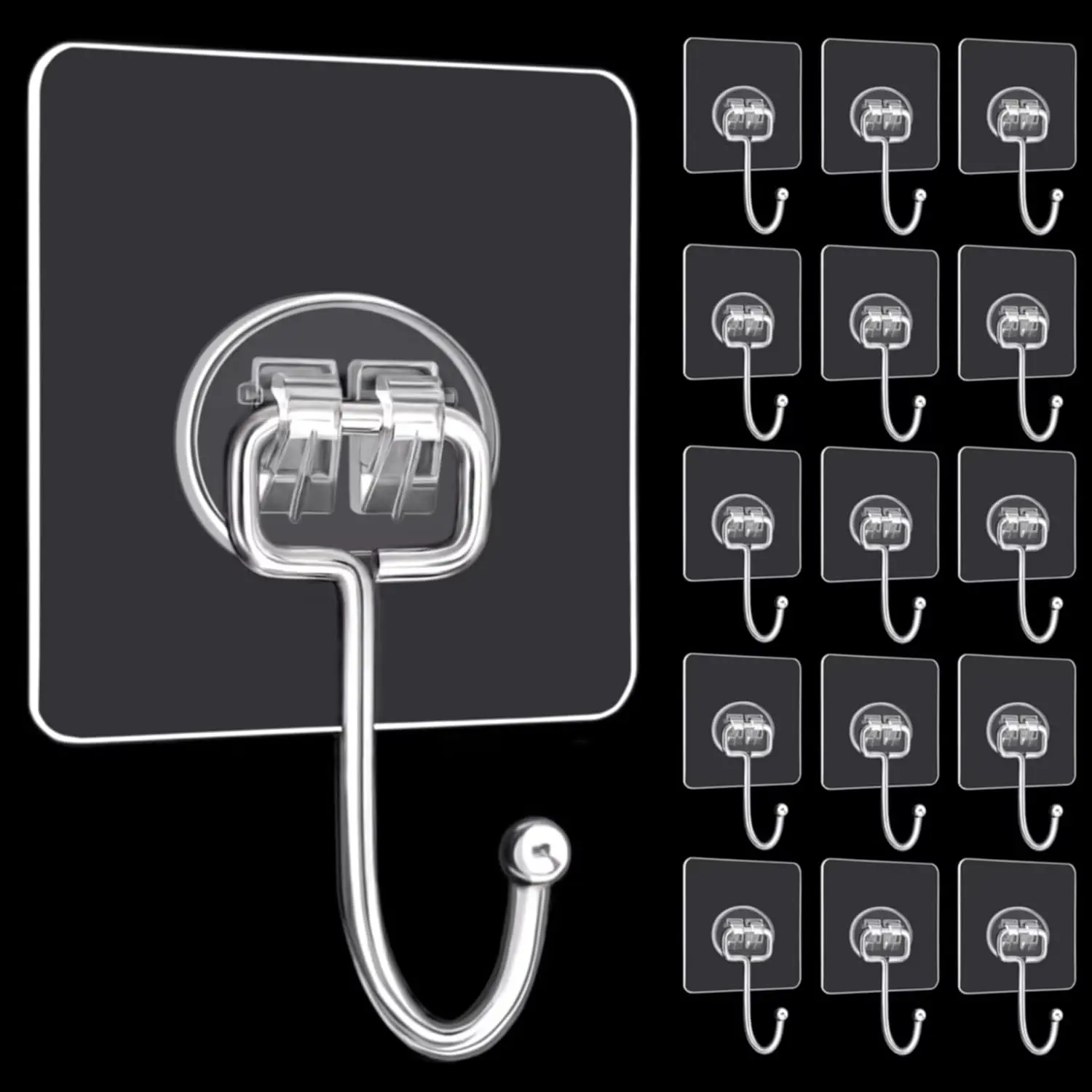 Large Adhesive Hooks, 16-Pack Hold 44lb(Max) Heavy Duty Sticky Hooks, Waterproof Transparent Hooks for Hanging, Self-Adhesive Traceless Clear Wall Hooks