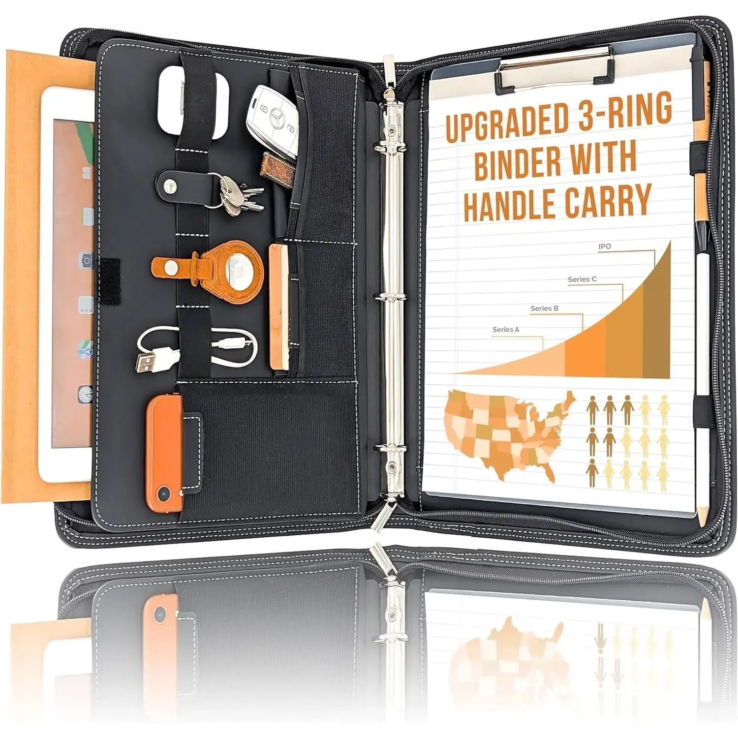 Zipper Portfolio Binder | Padfolio 3 Ring Binder with Carrying Handle | Clipboard Folio, Portfolio Organizer for Documents, iPad, Tablet, Phone, Notebook | Business Leather Binder for Men Women