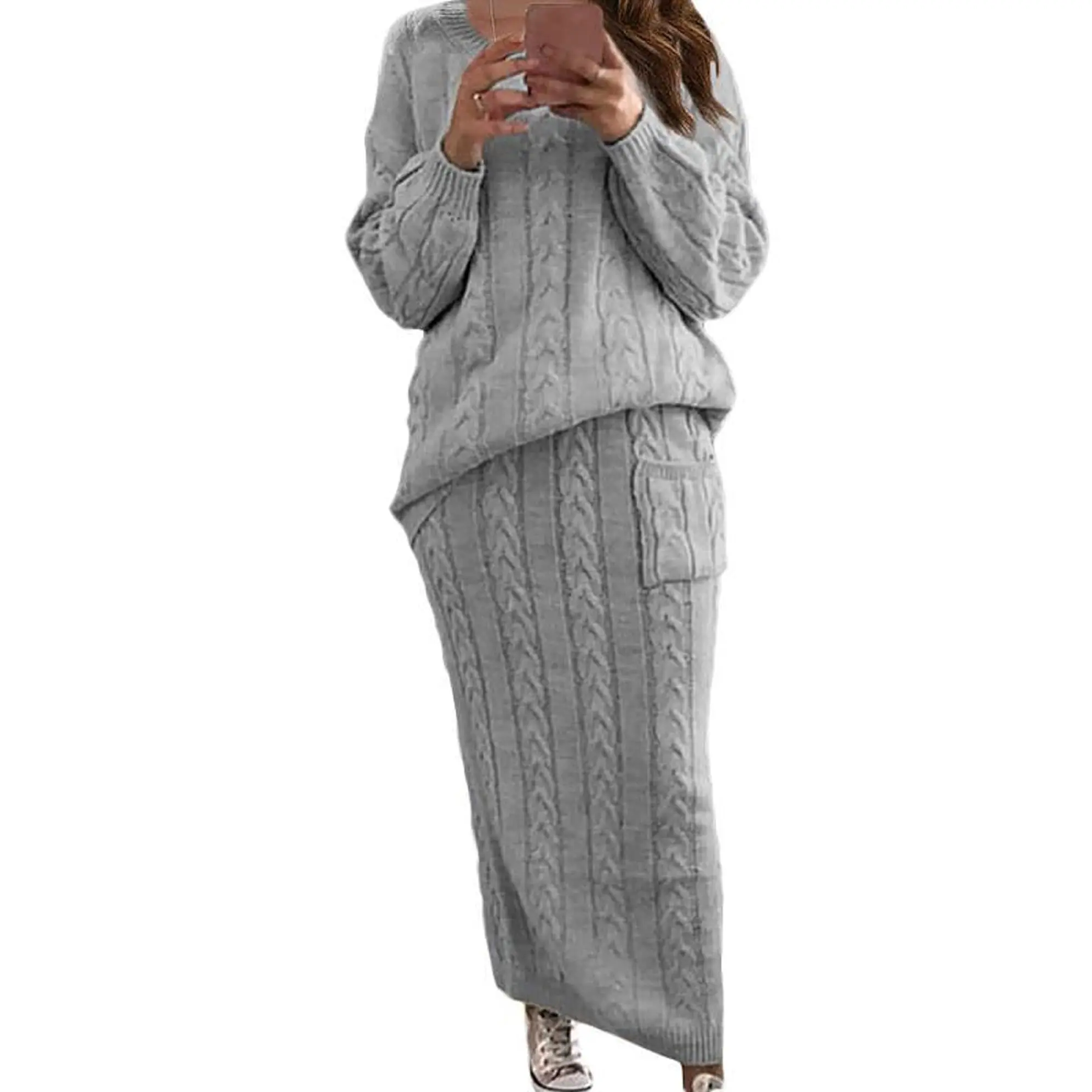 Chouyatou Women's 2-Piece Winter Casual Basic Clothes Set - Chunky Cable Knit Long Sleeve Sweater & Long Skirt Bottom, Matching, Style