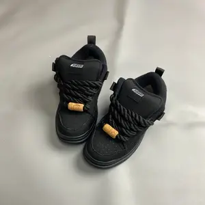 Men's Black Thick-Soled Closed Cloth American Street Sneakers - Thick Rope Shoelaces, Personalized Bread Design, Versatile Trendy All-Seasons Casual Trainers, Athletic Walking Footwear