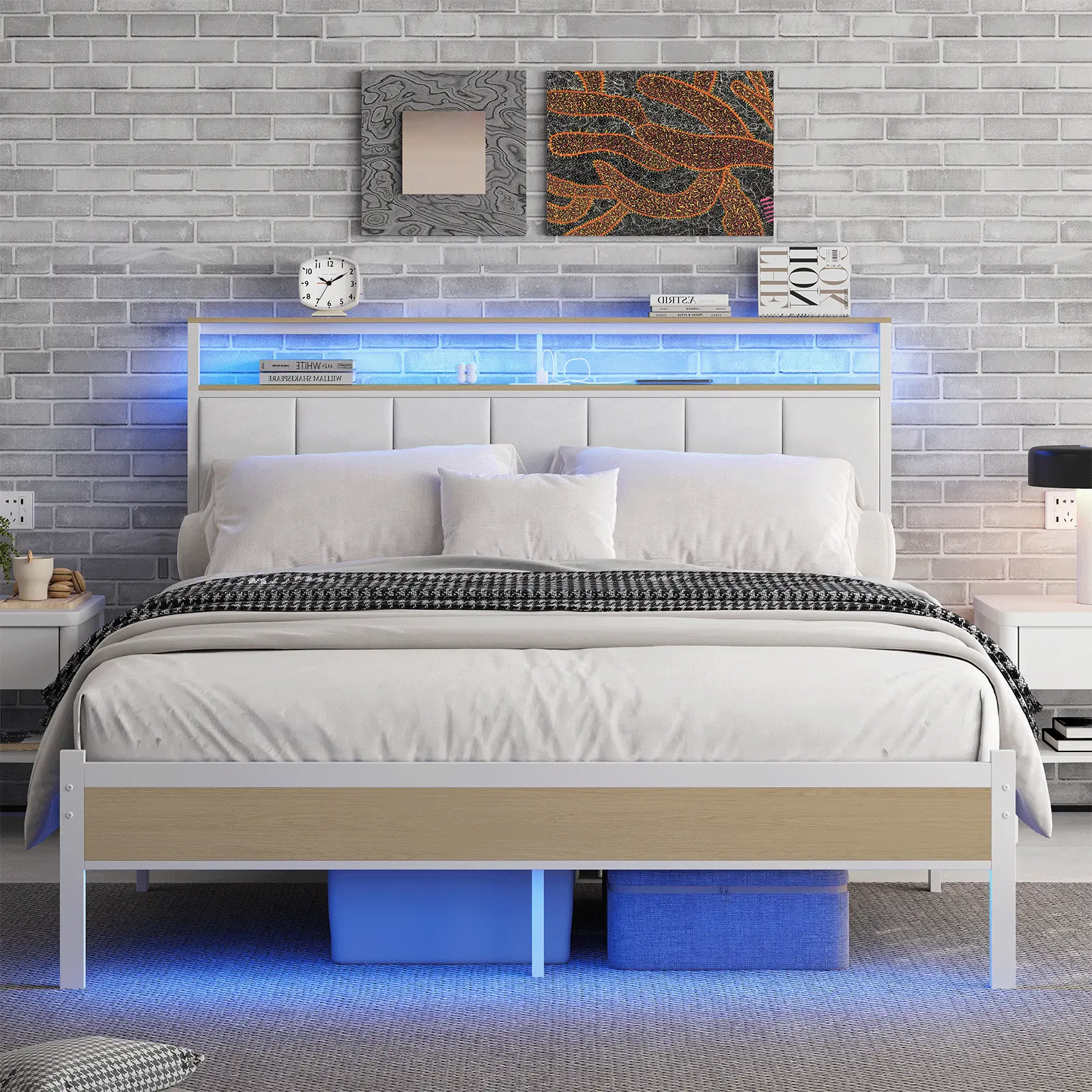 Queen Size Upholstered Metal Bed Frame with Charging Station, LED Lights, 2-Tier Storage Shelves Headboard, No Box Spring Needed, Easy Assembly, White/Black Options Available