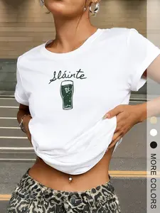 St.Patrick's Day Women's Irish Theme Print T-Shirt, Sláinte Beer Design, Round Neck Short Sleeve Casual Top, St Patrick's Day Celebration Wear