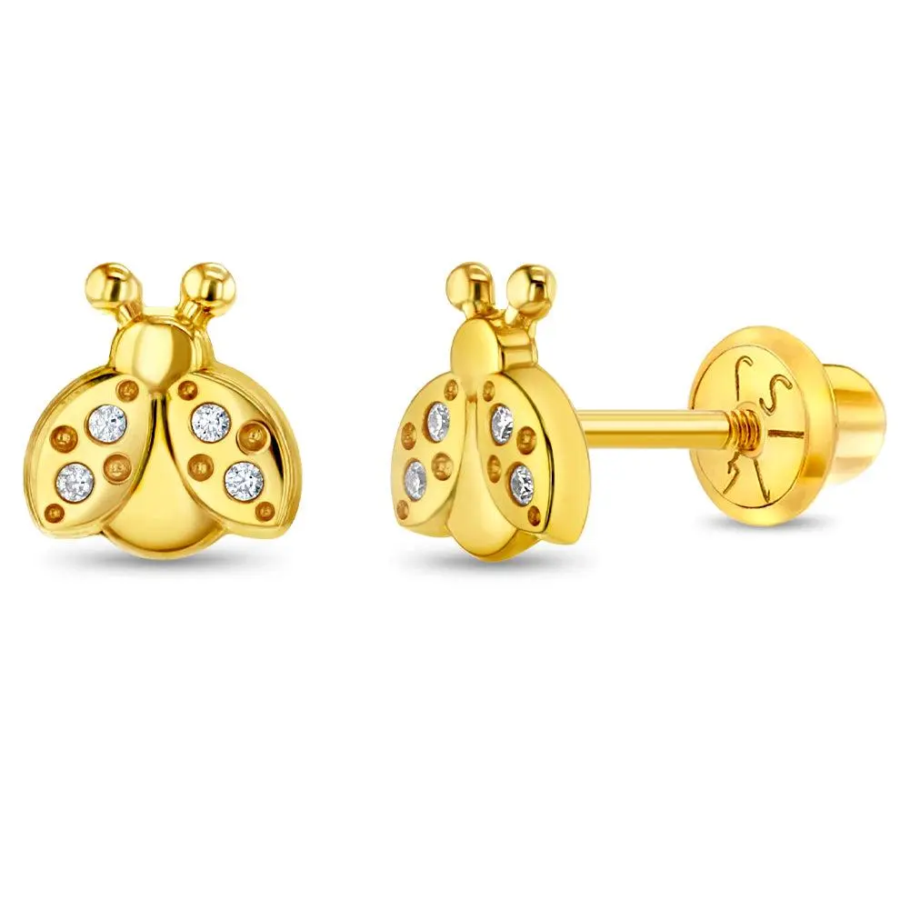 14k Gold Ladybug Clear CZ Kids / Children's / Girls Earrings Safety Screw Back