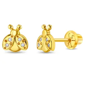 14k Gold Ladybug Clear CZ Kids / Children's / Girls Earrings Safety Screw Back