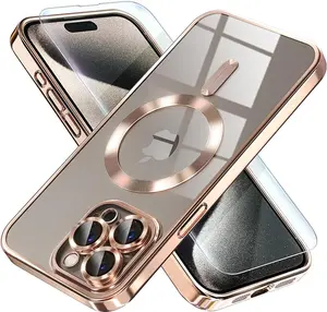 Magnetic for iPhone 15 Pro Max Case with MagSafe [Never Yellowing] [Military Grade Drop Protection] Full Camera Lens Protector Plating Soft Clear Phone Case for Women Girls, Gold