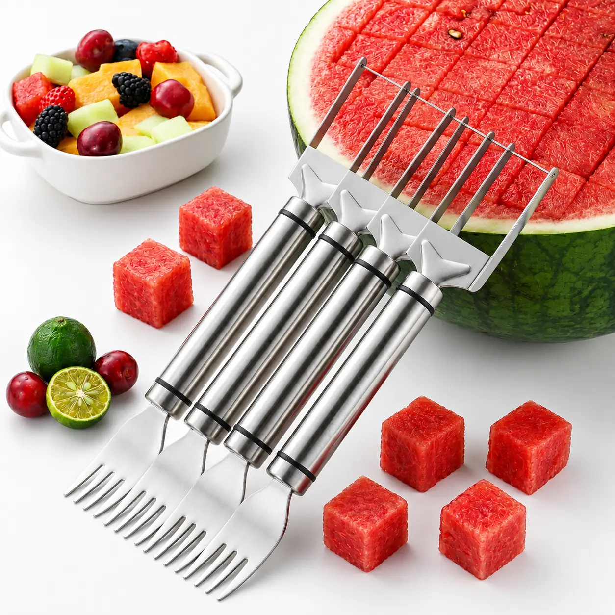 【4 Pack】Watermelon Fork Slicer,Watermelon Slicer Cutter,Watermelon Cube Cutting Tool, 2-in-1 Stainless Steel Fruit Cutter, Dual Head Fruit Forks Slicer Knife with Round Handle,Fruit Cutting Kitchen Utensils,Kitchen Gadgets,Portable Modern
