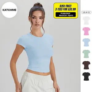 KATCH ME Women's Workout Solid Color Round Neck Short Sleeve Slim Top, Soft Stretchy Brushed Clothes, Athleisure Lightweight Quick Drying Yoga Top（3）