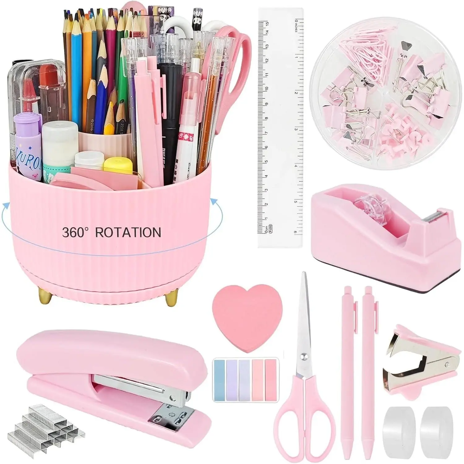 Pink Office Desk Accessories, 15 count Office Supplies 360?Pen Holder Desk Organizers and Accessories with Pink Stapler and Tape Dispenser Set, Cute Desk Accessories for Women  Set