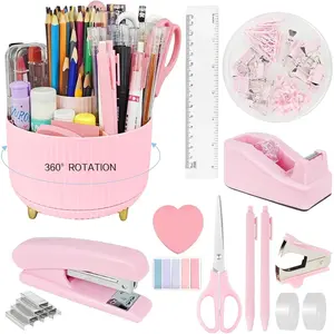 Pink Office Desk Accessories, 15 count Office Supplies 360?Pen Holder Desk Organizers and Accessories with Pink Stapler and Tape Dispenser Set, Cute Desk Accessories for Women  Set