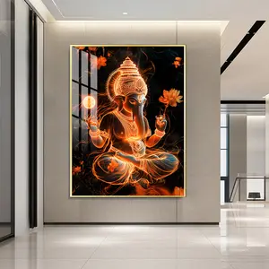 Crystal Porcelain Ganesh Wall Art Painting with Golden Frame 18x24 & 20x30 Inch Premium Quality Artwork for Home Office Meditation Room Living Space Ornaments Artistic Decorations