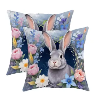 Jit 2pcs 2D Flat Rabbit Throw Pillow Covers, Nature Fanciful Flower Leaf Design, Soft Velvet Material, Washable Fabric, All-Season Use, Ideal for Home & Office Décor