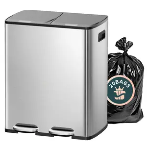KSSKSS 2x8 Gallon Kitchen Dual Trash Can - 16 Gallon (60L) Stainless Steel Multi-Compartment Garbage Recycle Bins, Step Pedal, Plastic Inner Buckets, soft-close lid , Silver, Includes 40 Trash Bags, for business home office