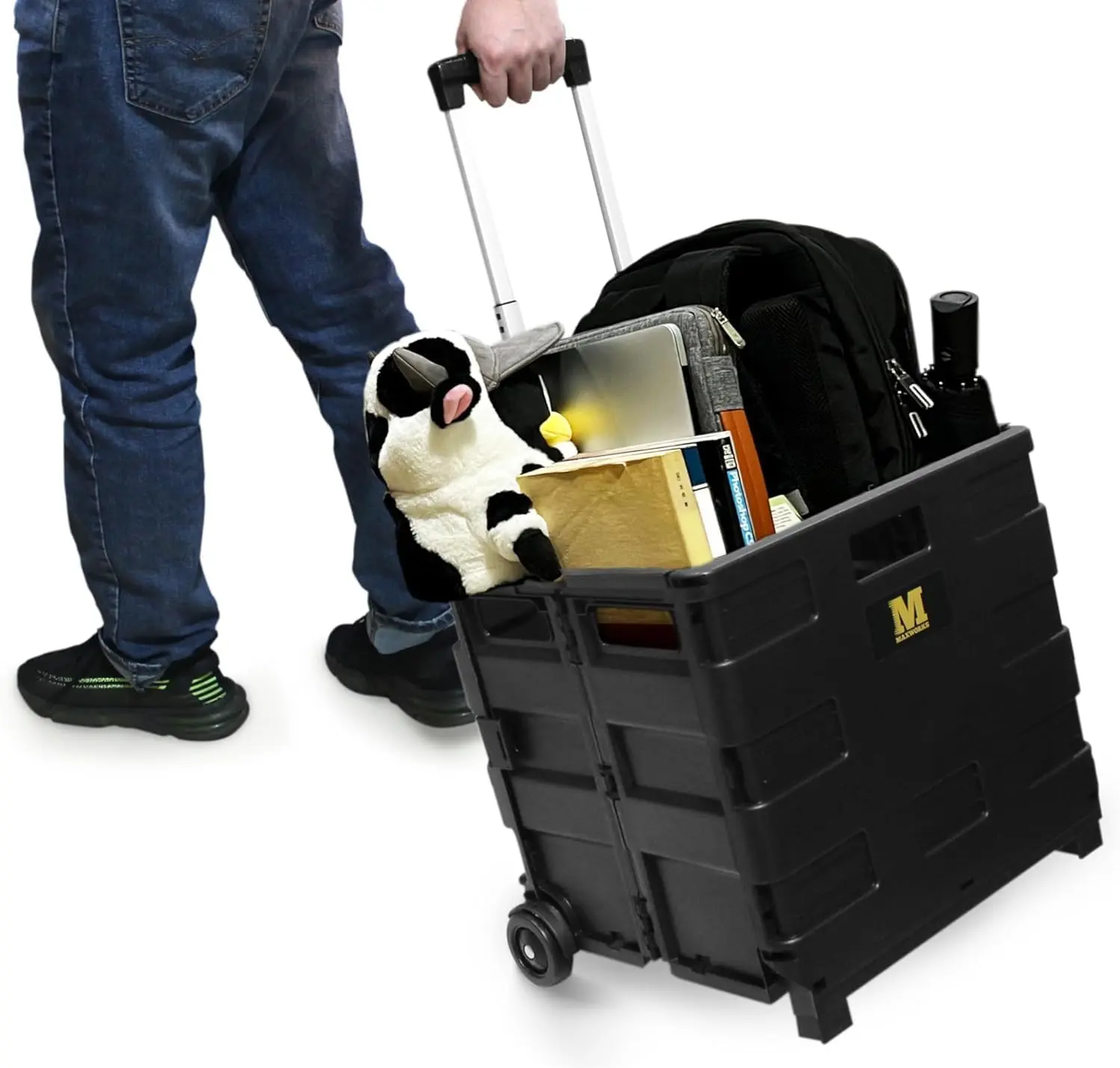 Black Folding Utility Cart - Portable Rolling Polypropylene Crate Handcart with Lid, Basket, 4 Wheels, Aluminum Alloy Handle, 110 lbs Capacity, 17.72*14.17*2.76 in Compact Design, for Grocery, Travel, Office (Home Improvement Building Supplies Trolley), 1