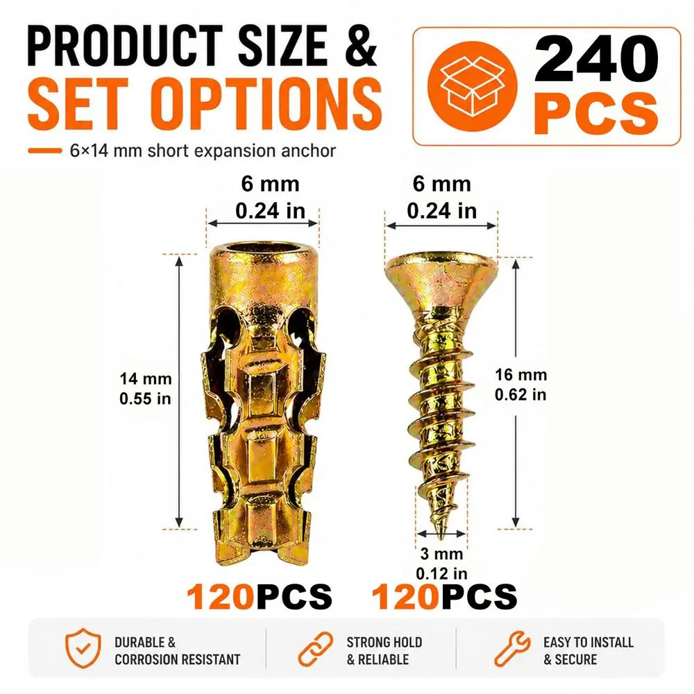 Reinforced Serrated Drywall Wall Anchors Kit with Self-Tapping Screws, High Hardness Wearproof Material, 66LB Load Support for Lamp Brackets and Household Furniture Assembly Work 240 Pcs