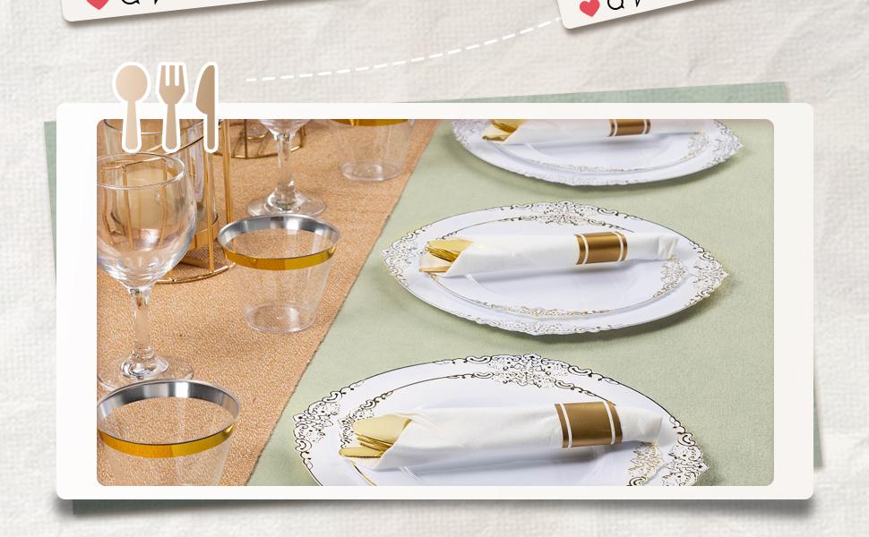 100 Pack Gold Plastic Silverware with Pre Rolled Napkins for 100 Guests, Heavyweight Gold Disposable Utensils Sets Includes 300 Plastic Cutlery, and 100 Napkins for Party & Wedding