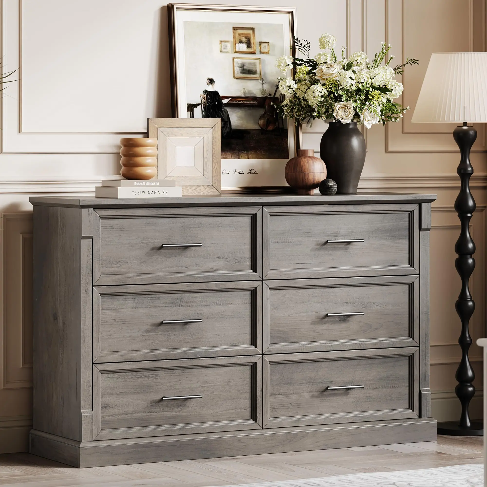 Garvee Grey 6 Drawer Dresser for Bedroom, 47.2" Wide Farmhouse Style Chest of Drawers with Metal Handles, Rustic Double Wood Storage Organizer for Living Room and Nursery - TikTok Shop Garvee Grey 6 Drawer Dresser for Bedroom, 47.2" Wide Farmhouse Style Chest of Drawers with Metal Handles, Rustic Double Wood Storage Organizer for Living Room and Nursery - TikTok Shop