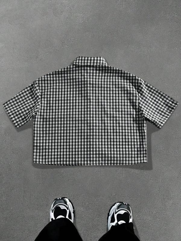 Men's Regular " Los Angeles " Print Short Sleeve Shirt, Casual Retro Gingham Shirt for Daily Wear, Fashion Men's Top for Summer, Fitted