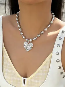 Non-Tarnish Waterproof Stainless Steel Heart Necklace, Hammered Metallic Love Pendant, Chunky Bead Chain Statement Choker for Women