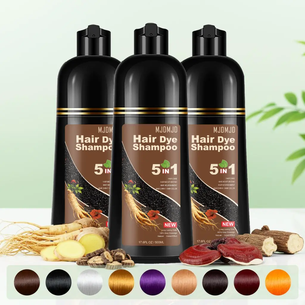 MJDMJD 5-in-1 Herbal Hair Dye Shampoo for Women & Men, Ammonia-Free, Gray Hair-Covering, No Combing Required, Long-Lasting Coloring, Gentle Non-Irritating Conditioner Cleanser, 500ml/200ml, Covering Gray Hair, Hair Coloring