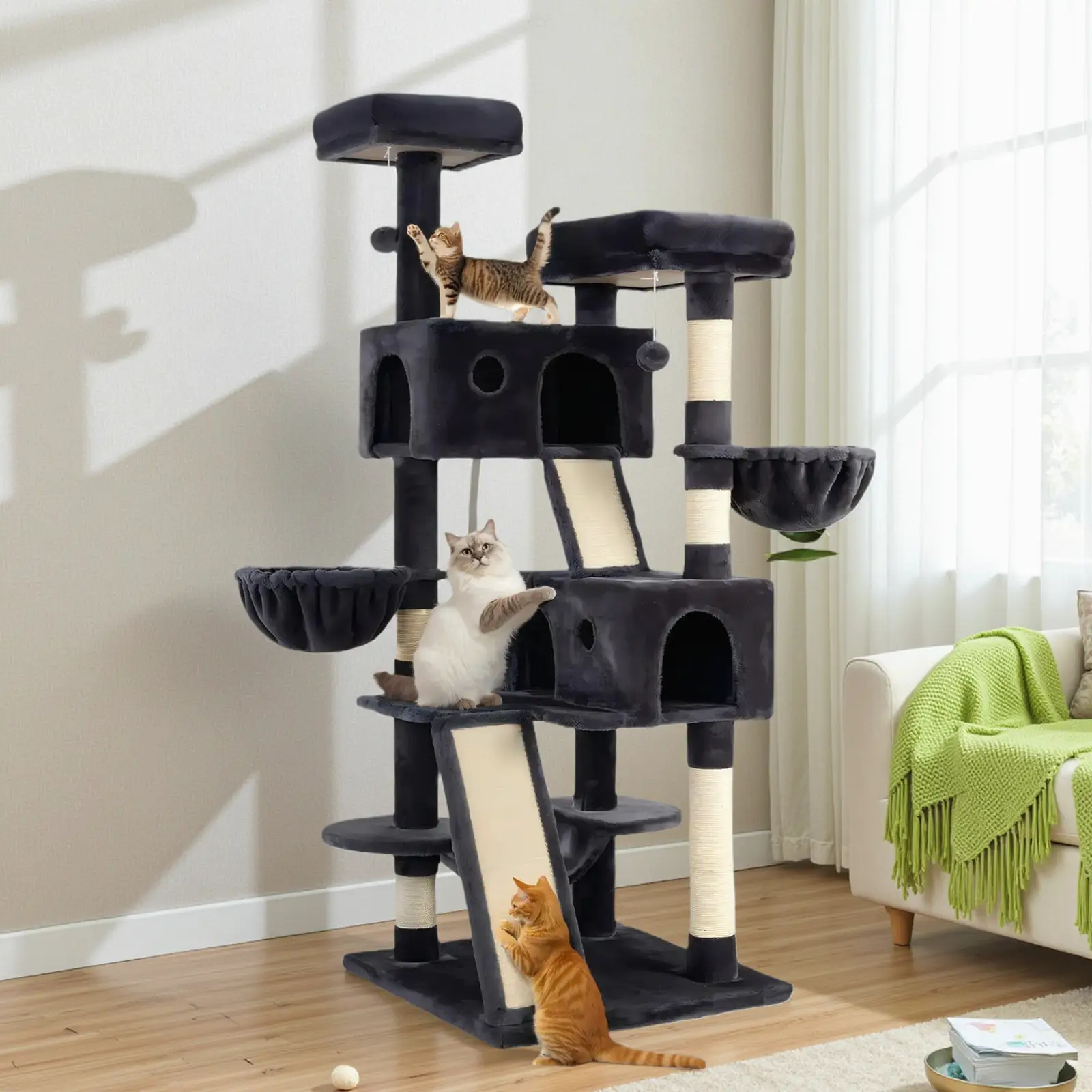 Allewie 36in/65in/68in Multi-Level Tall Cat Tree for Indoor Cats/Larger Tower with Wide Base/Cozy Plush Cat Perches/Cat Condo with Hammock/Sisal Scra