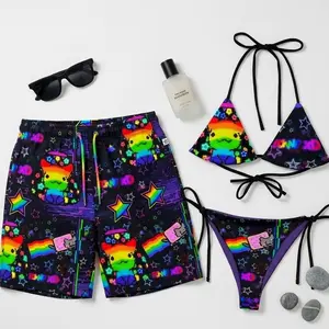 Matching Couple Y2K Scene Rave Rainbow Bikini & Swim Trunks – Custom Cyber Graphic Swimsuit Set, Emo Alternative Festival Beachwear, Summer Pool Party Outfit