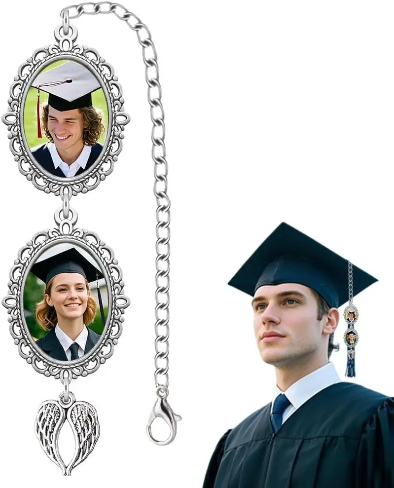Personalized Graduation Tassel Photo Charm with Angel Wings Personalized Tassel Cap Charm with Memorial Photo for Graduation Caps Decorations for Women Men Memory Picture for Grad Hats
