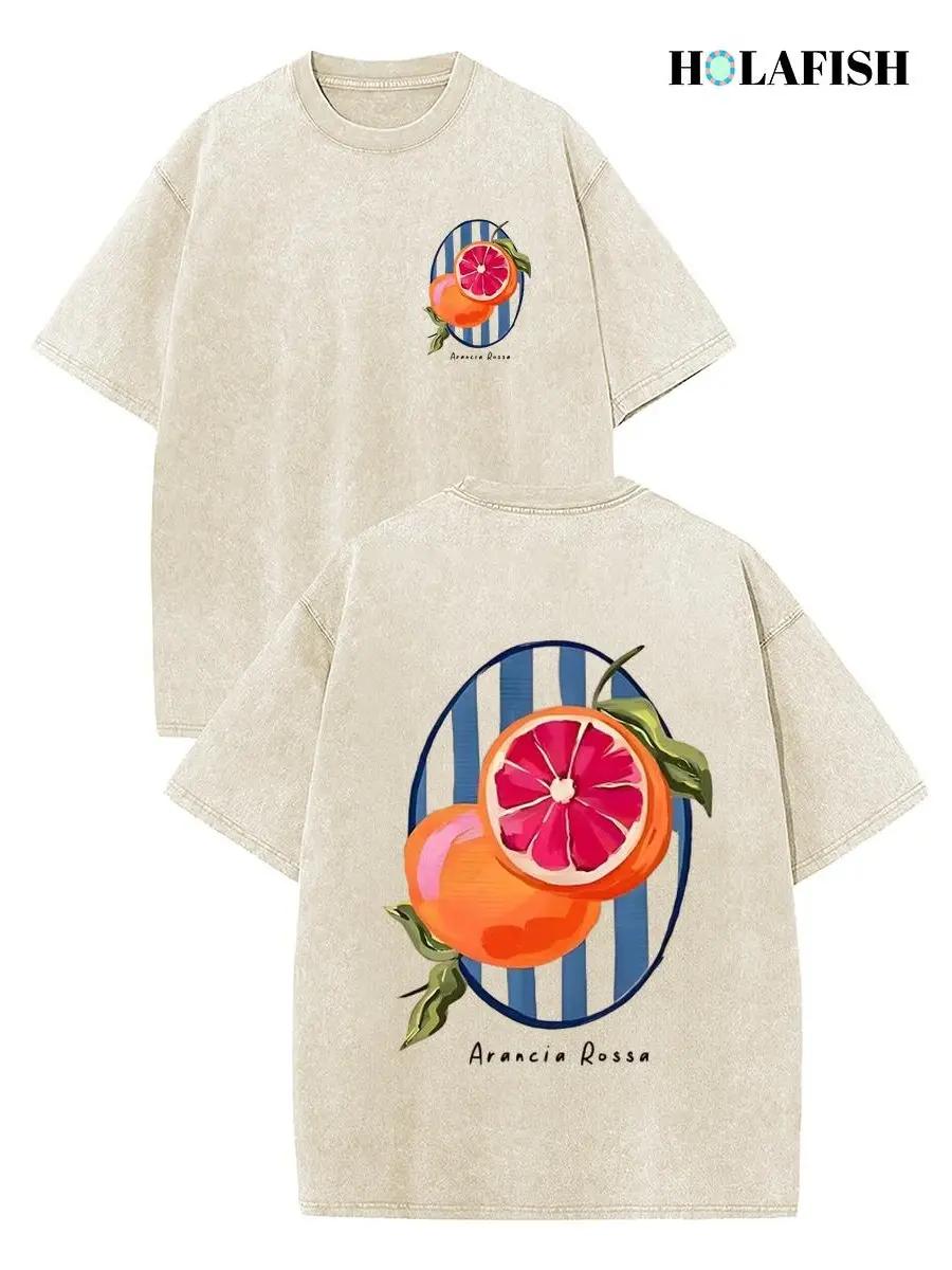 Holafish Women's Vintage Loose T‑Shirt,100% Cotton Acid Wash Short Sleeve Top Dual‑Side Red Orange Blood Orange Arancia Rossa Fruit Striped Oval Graphic Drop Shoulder Baggy Pure Cotton Tee For Casual Outdoor Summer Wear Unisex Summervibes
