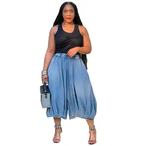 Women's High-Waisted Polyester Fabric Jeans - Street Fashion, Basic, Comfortable, Elastic Waist, Straight Wide Leg, Cropped Ruffle Cargo Capris, Bootcut, Striped Gingham Check, Blue, Minimalist, Everyday Bottoms