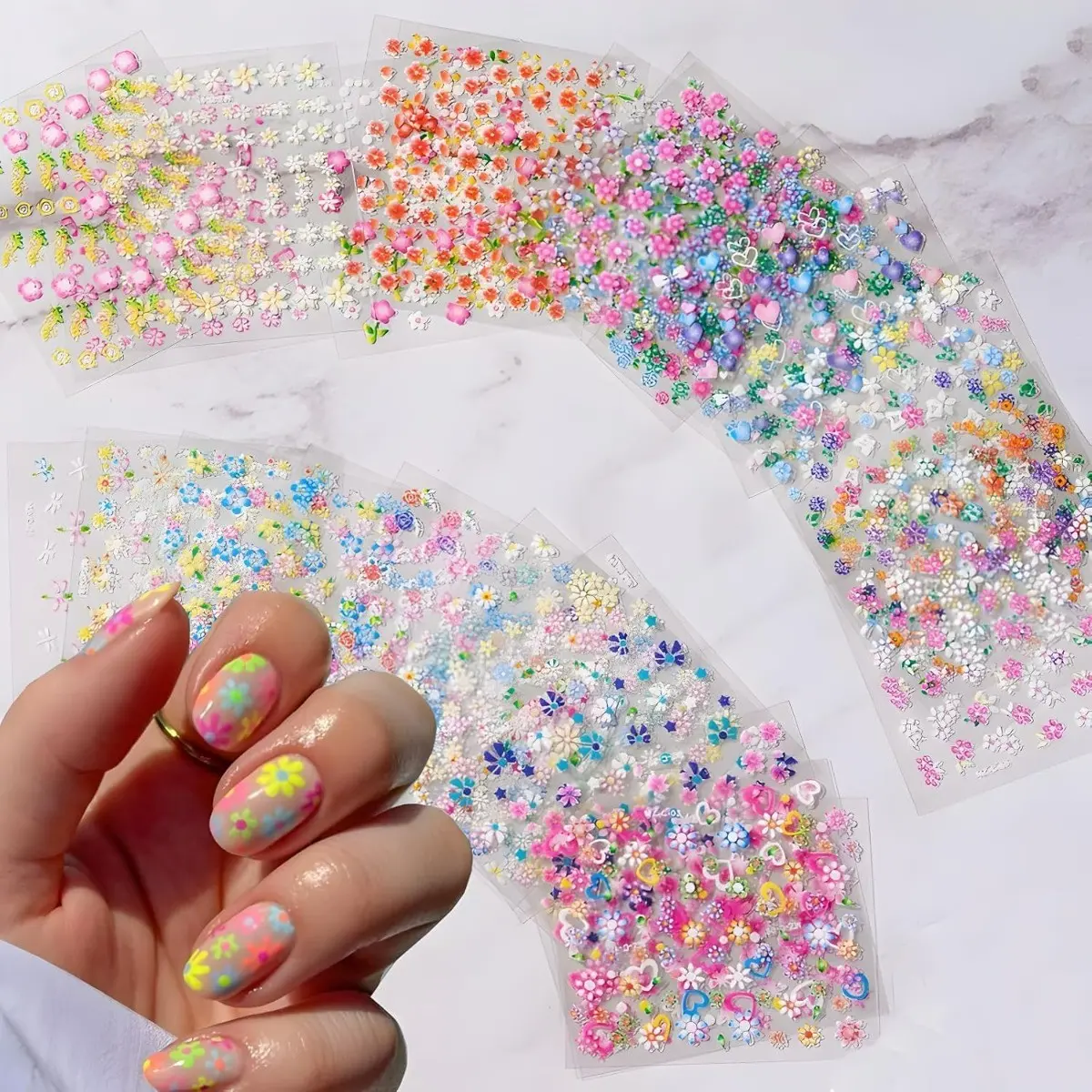 30 Sheets Colorful Cute Detailed Daisy DIY Nail Art Stickers, Floral Heart Flower Decals, Flower Design Nails, 3D Self Adhesive Supplies, Design Decoration Accessories for Women