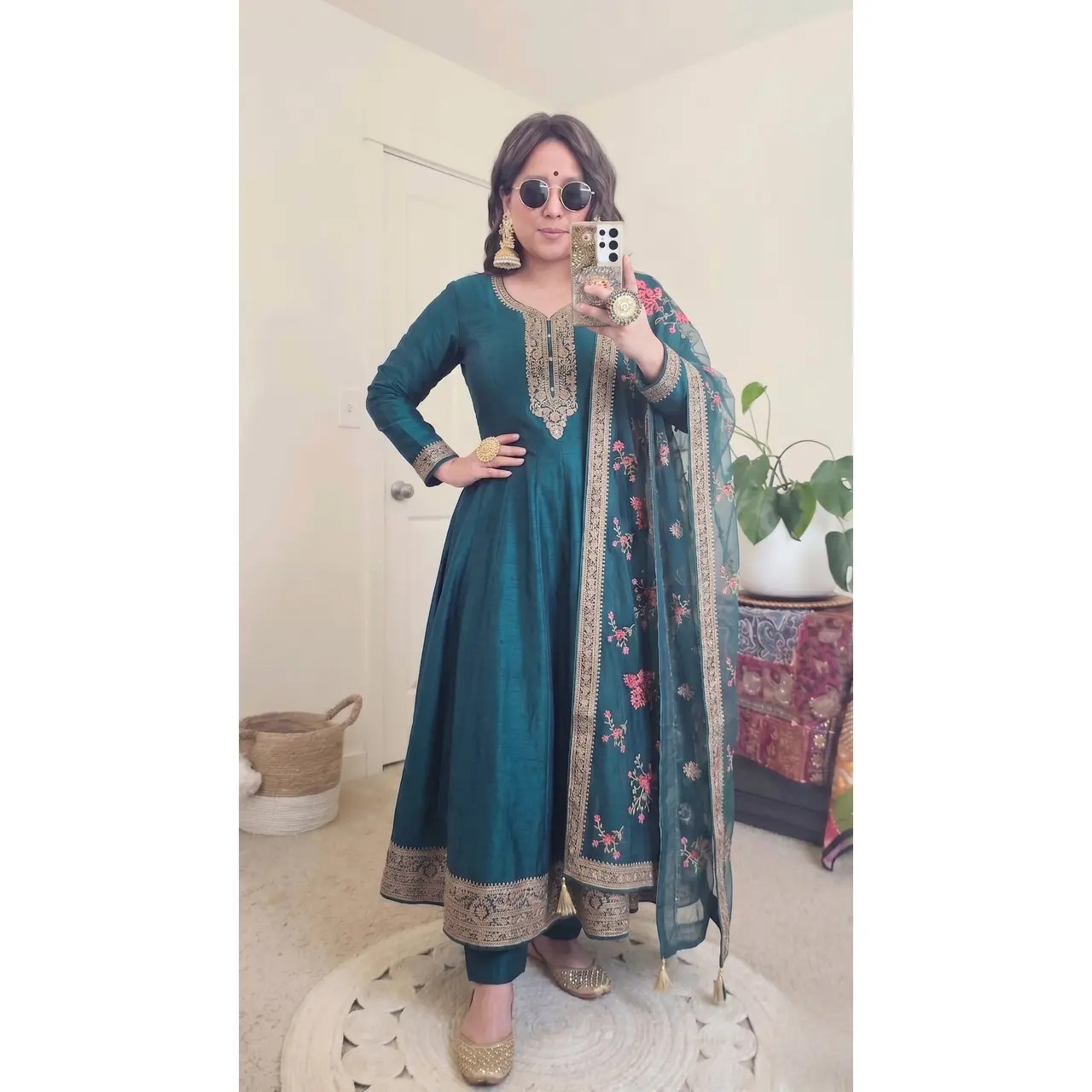 Embroidered Anarkali Kurta Set for Women, Teal Blue Vichitra Silk 3-Piece Partywear Clothes with Organza Dupatta, Glam, Pants, Gorgeous, 3-Piece Set, Anarkali Set