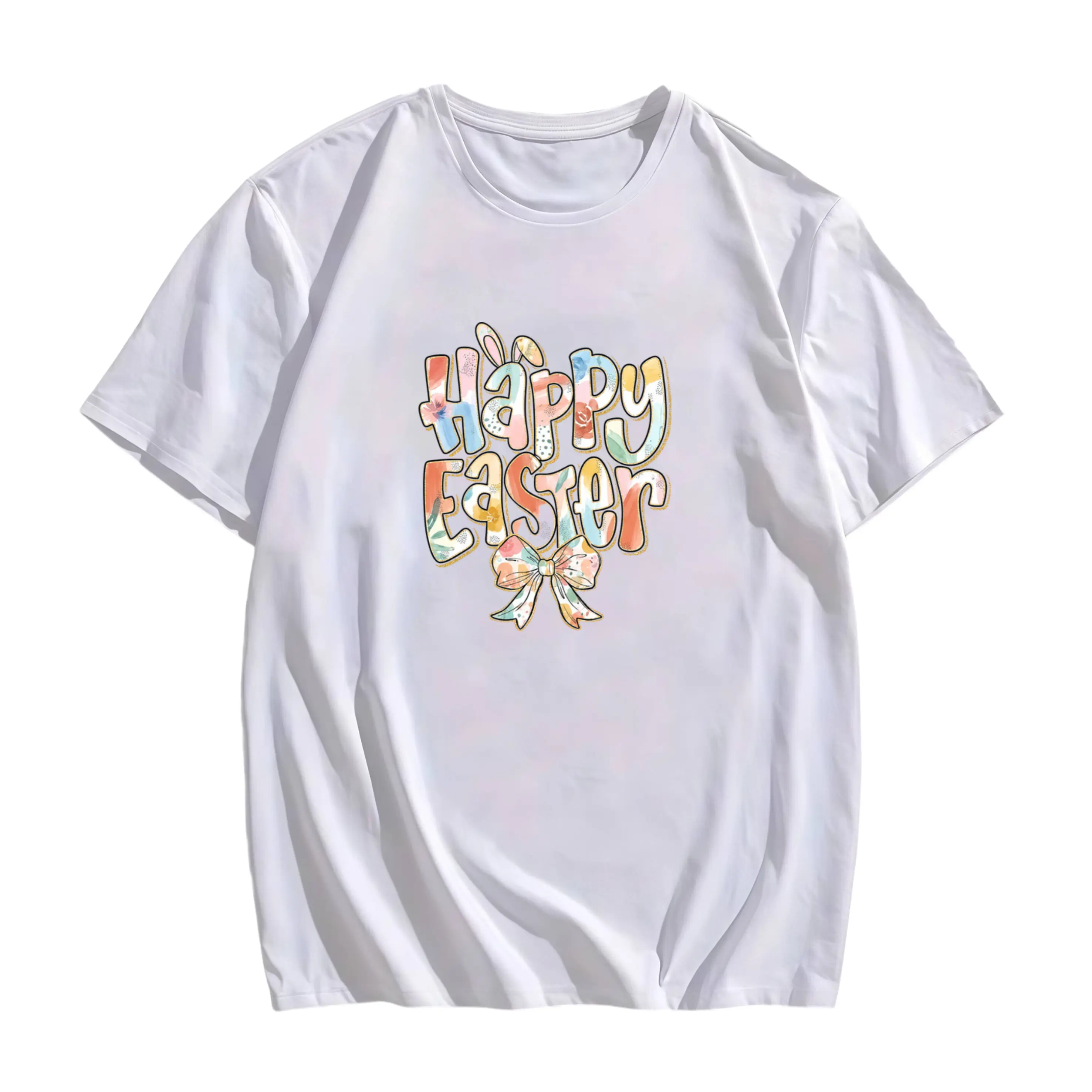 Celebrate Easter with a Vibrant Colorful Bunny and Bow Graphic Tee Featuring 100 Percent Cotton Unisex Casual Short Sleeve T Shirt for All Seasons Embroidered Flat