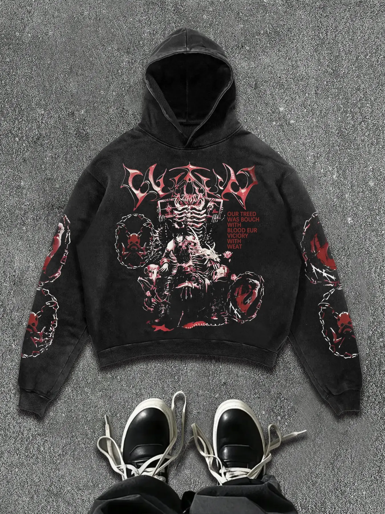 Heavyweight Distressed Skull Graphic Hoodie with Sleeve Chain Print | Retro Dark Aesthetic Gothic Boxy Hooded Top | Premium  Streetwear for Clubbing & Daily Wear