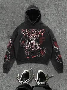 Heavyweight Distressed Skull Graphic Hoodie with Sleeve Chain Print | Retro Dark Aesthetic Gothic Boxy Hooded Top | Premium  Streetwear for Clubbing & Daily Wear