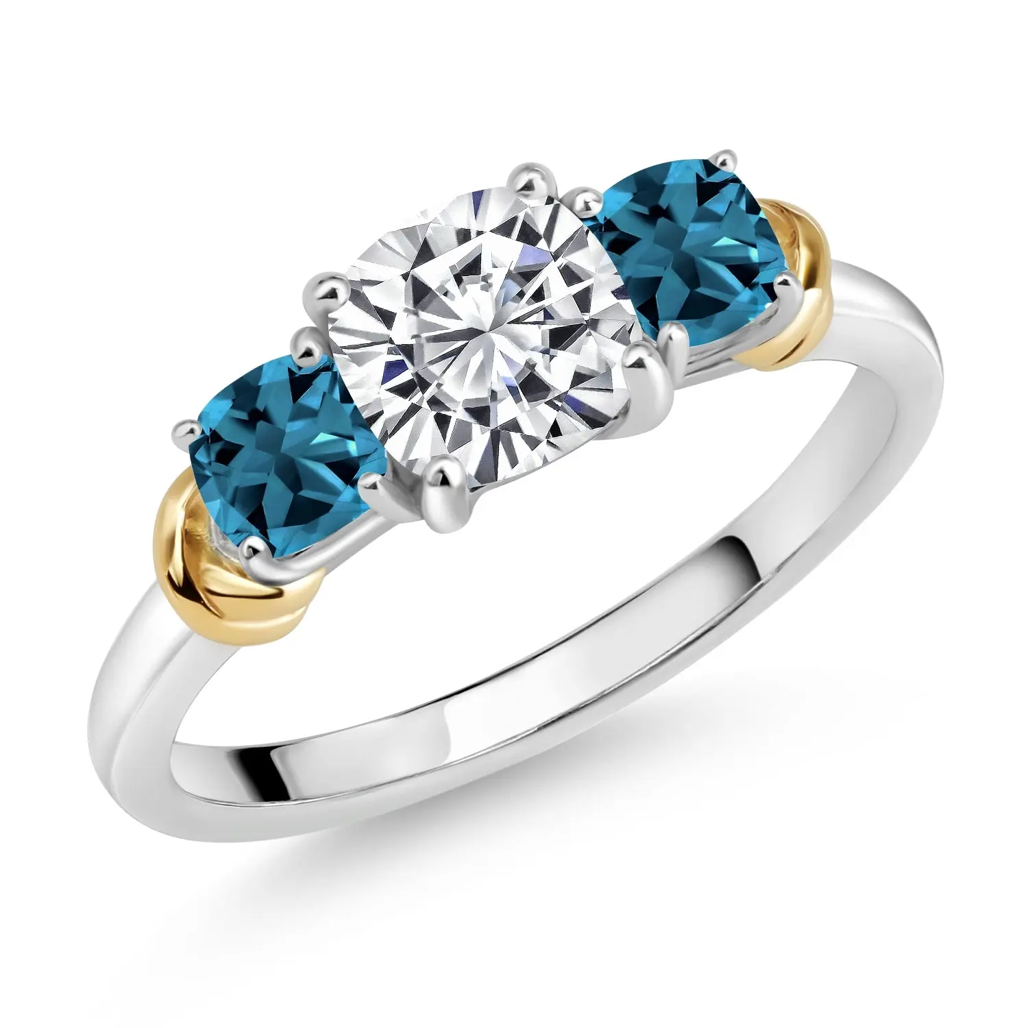 Gem Stone King 925 Silver and 10K Yellow Gold Cushion Cut IGI Certified Lab Grown Diamond and Gemstone Birthstone 3-Stone Engagement Ring for Women | Center 1 Ct Diamond | D-E Color | VS1-VS2 | Size 5-9