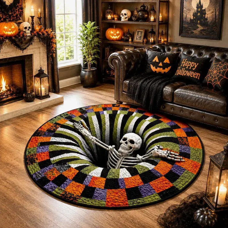 Halloween 3D Skeleton Vortex Quilted Illusion Round Rug , Soft Non-Slip Cool Rugs, Living Room Decor, Funky Unique Home Decor, Room Accessory for Indoor Entry & Bathroom